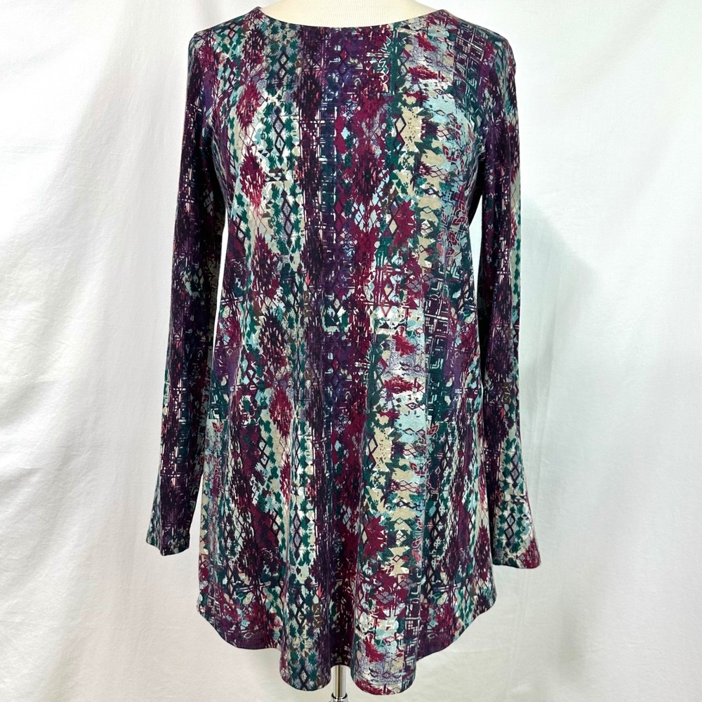 PURE J JILL 100% Pima Cotton Abstract Aztec Print Tunic Top Long Sleeve Womens S